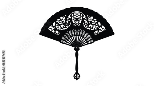 Black silhouette of a traditional Chinese fan with intricate design isolated on white background
