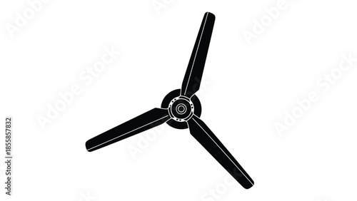 Black three-bladed propeller silhouette vector graphic illustration with central hub detail isolated on white background