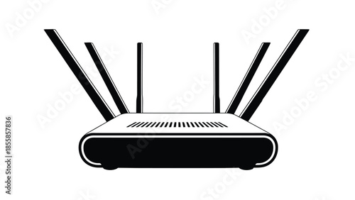 Black wireless Wi-Fi router silhouette icon with multiple antennas, representing network connectivity and internet isolated on white background