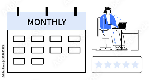 Monthly planning concept. Monthly calendar, a professional working at a desk using a laptop, and review ratings organization, productivity, and feedback. Ideal for time management, work efficiency