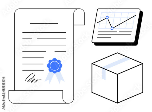 Certificate with seal and signature, analytic chart with line graph, and sealed box. Ideal for certification, logistics, analytics, agreements, delivery e-commerce quality assurance. Simple flat