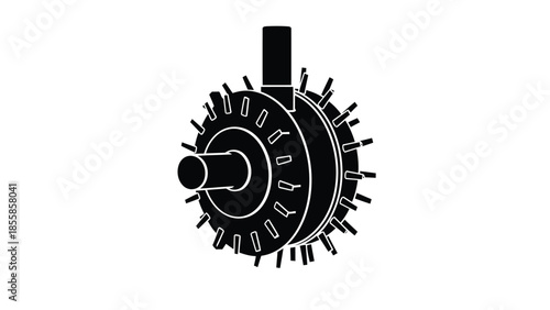 Mechanical spiked roller component in black flat illustration, . isolated on white background