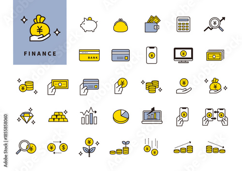 資産管理や決済を説明するための金融フラットアイコン素材集（UI・資料向け）