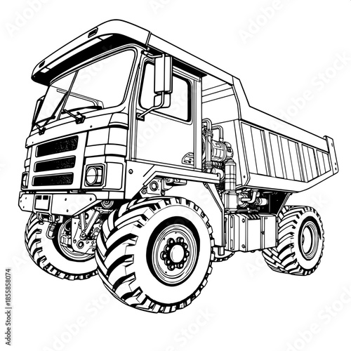 High-contrast detailed illustration of a dump truck with a strong mechanical focus, emphasizing precision design elements and intricately rendered engineering diagram-style lines, devoid of shading, f