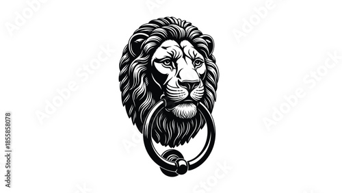 Black and white lion head door knocker in a classic illustration style isolated on white background