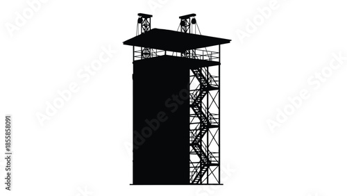 Black silhouette of a tall stage support tower with multiple staircases on a , graphic design element isolated on white background