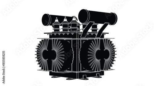 Black and white outline graphic of a detailed industrial power transformer for electrical energy distribution isolated on white background