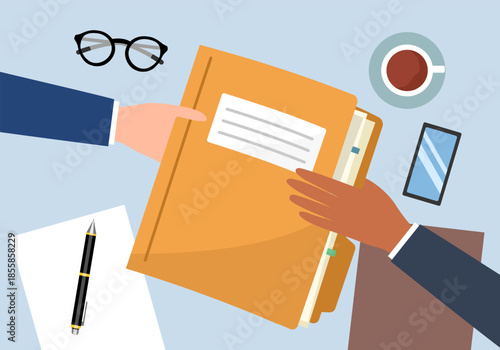Hand give folder document papers share data workplace desk office stuff top view vector illustration