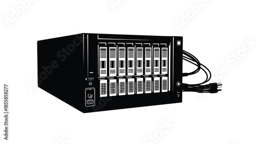 Black 3D rendered external hard drive with multiple disk slots and power cord isolated on white background