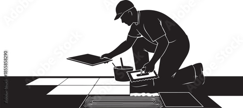 Professional Tile Installer Laying Ceramic Floor Tiles Illustration