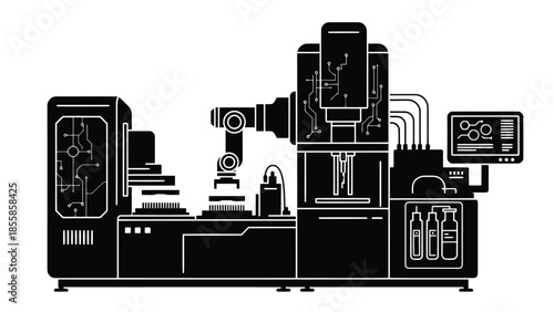 Advanced automated industrial manufacturing system with robotic arm, conveyor, and digital control panel, flat vector isolated on white background