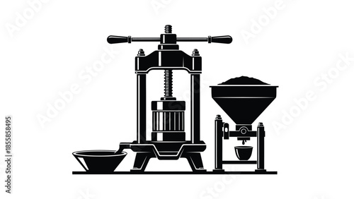 Black silhouette of manual oil press machine with funnel isolated on white background