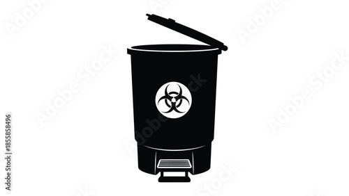 Black silhouette biohazard waste bin icon with foot pedal and partially open lid, flat vector graphic isolated on white background