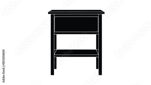 Minimalist black silhouette of a modern wooden nightstand with a drawer and lower shelf on a , simple furniture icon. isolated on white background