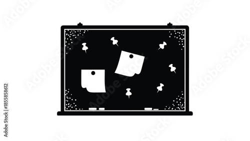 Flat design black bulletin board with white push pins and notes isolated on white background