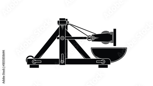 Black silhouette of a medieval siege weapon, a catapult or trebuchet, ready to launch projectiles in ancient warfare, isolated on white background