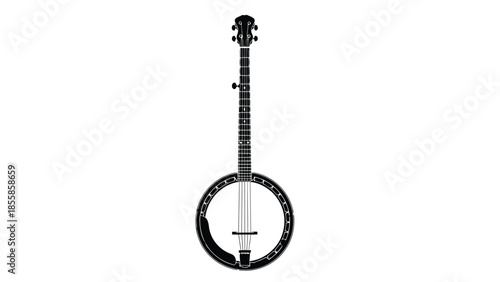 Black banjo silhouette on , minimalist musical instrument outline isolated on white background