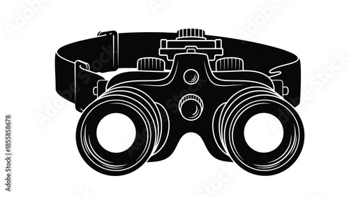 Flat design vector graphic of black night vision binoculars with head strap for observation and exploration isolated on white background