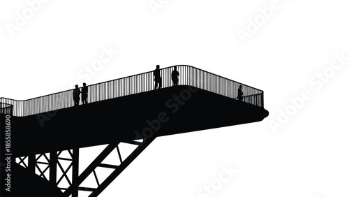 Silhouette of people standing on a modern cantilever observation bridge against a stark isolated on white background
