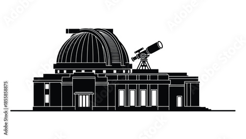 Black silhouette graphic of an astronomical observatory building with a large telescope isolated on white background
