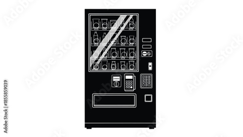 Black and white flat design vector icon of a modern automated vending machine for beverages and snacks, isolated on white background