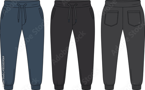 Front and back view jogger pants set vector illustration, casual sportswear sweatpants apparel design template isolated on white background