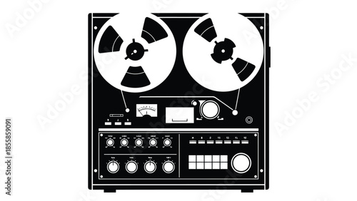Flat design black silhouette vector icon of vintage reel-to-reel tape recorder for audio recording and music playback isolated on white background