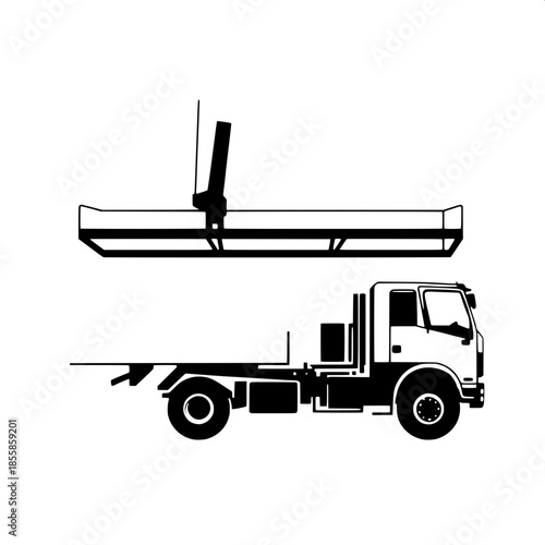 Minimalist construction truck vector art featuring a raised bed with a visible internal framework, comprised of stark black geometric shapes and clean lines, set against a pristine white background, e