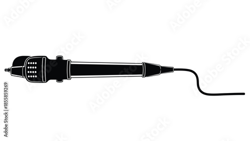 Sleek black silhouette of a professional audio recording microphone with cable isolated on white background