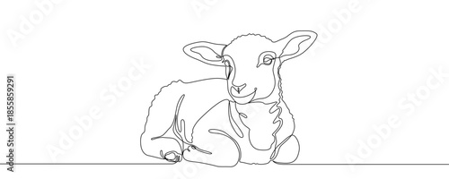 Lamb lying down. Drawing in one line art style with editable black stroke on a white background. Vector illustration.