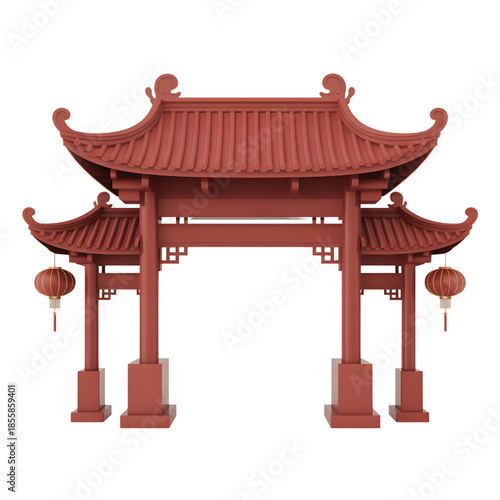 Chinese Red Pagoda Gate with Lanterns on White Background