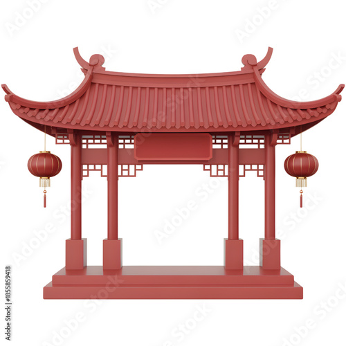 Red Chinese Traditional Pavilion with Lanterns on White Background
