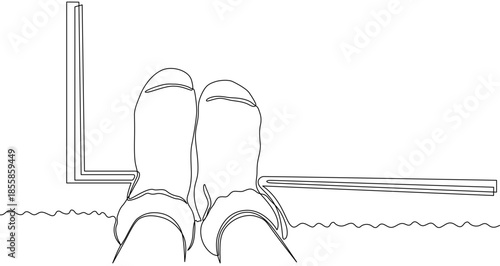 Two legs in socks sitting on a windowsill by a window. Drawing in one line art style with editable black stroke on a white background. Vector illustration.
