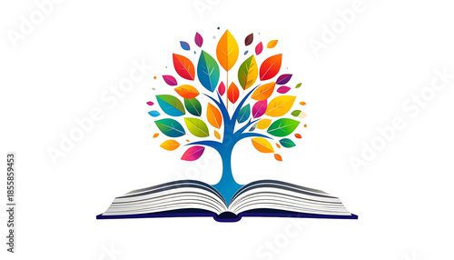 An open book sprouting a vibrant tree with multi-colored leaves, set against a black backdrop