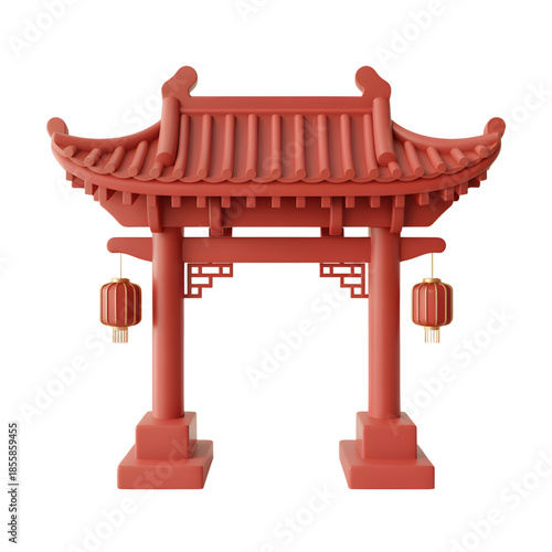 Chinese Red Gate with Lanterns Isolated on White