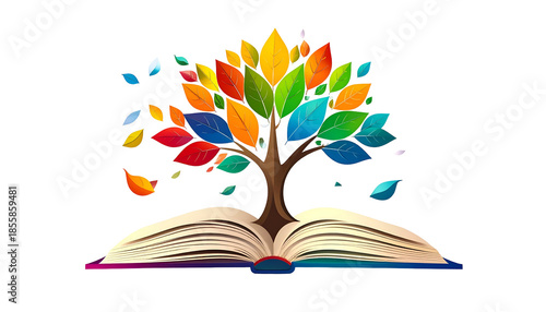 Open book with colorful leaves shaped like a tree, concept for knowledge and education