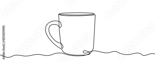Large cylindrical cup or mug. Drawing in one line art style with editable black stroke on a white background. Vector illustration.