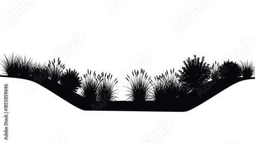 Black silhouette of grassy landscape isolated on white background