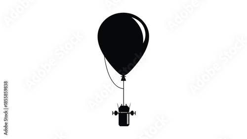 Black hot air balloon silhouette flying with gondola, minimalist flat graphic art style isolated on white background