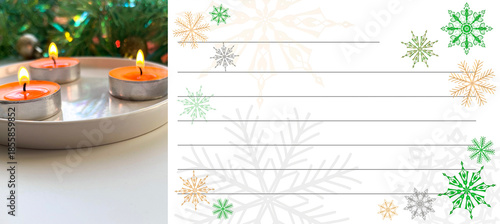 A form for invitations or messages during the winter holidays with lines and delicate snowflakes.  Оrange and green gamma. Christmas and New Year. For printing.