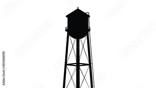Minimalist black silhouette illustration of an industrial water tower with a conical roof and supporting lattice isolated on white background