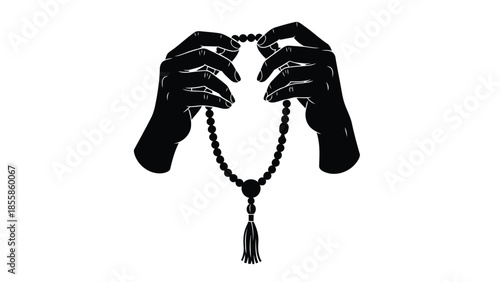 Silhouette of hands holding prayer beads isolated on white background