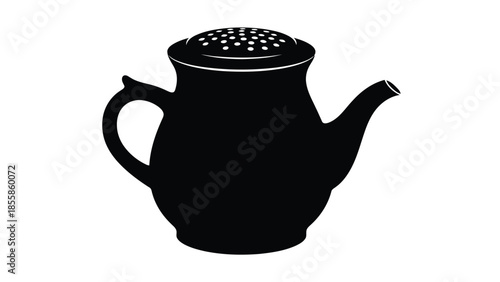 Black silhouette of a teapot with strainer isolated on white background