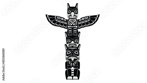 Traditional Pacific Northwest Indigenous totem pole symbol with stylized animal figures stacked vertically in a flat isolated on white background