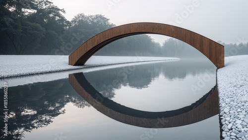 Wooden Bridge over Water in Foggy Landscape with Rocks Covered by Snow in Winter Season