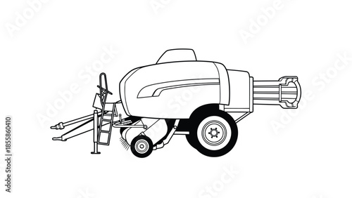 Black and white line drawing of a large agricultural sprayer machine on wheels with a long nozzle isolated on white background