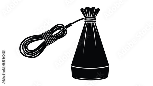 Black silhouette of a sandbag with a rope on a isolated on white background