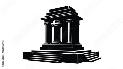 Black silhouette of ancient temple with columns isolated on white background