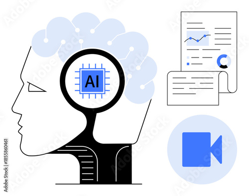 Artificial intelligence, data analysis, technology innovation, knowledge systems, machine learning, video communication. Human brain with AI chip, graph-centric documents video icon. AI and data