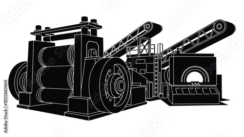 Industrial silhouette of large machinery with conveyor belt isolated on white background